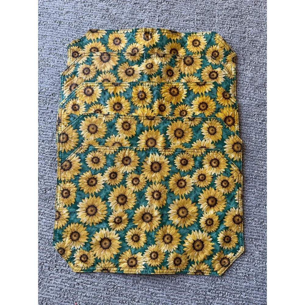 Vintage Sunflower Quilted Placemats Set of 5 Teal Green Yellow Floral Farmhouse